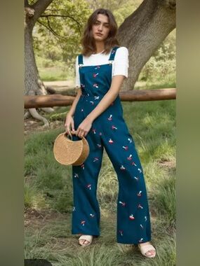 Women’s CIDER Mushroom Embroidered Wide leg Corduroy Overalls L